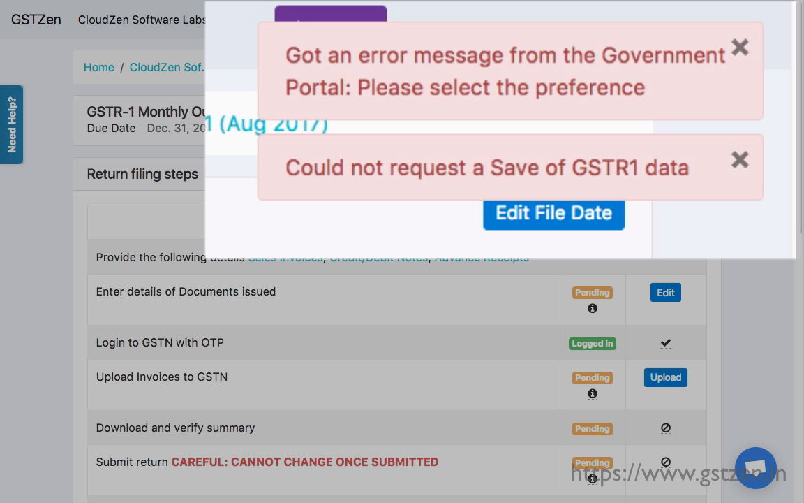 Screenshot of error message while submitting GSTR-1 Return