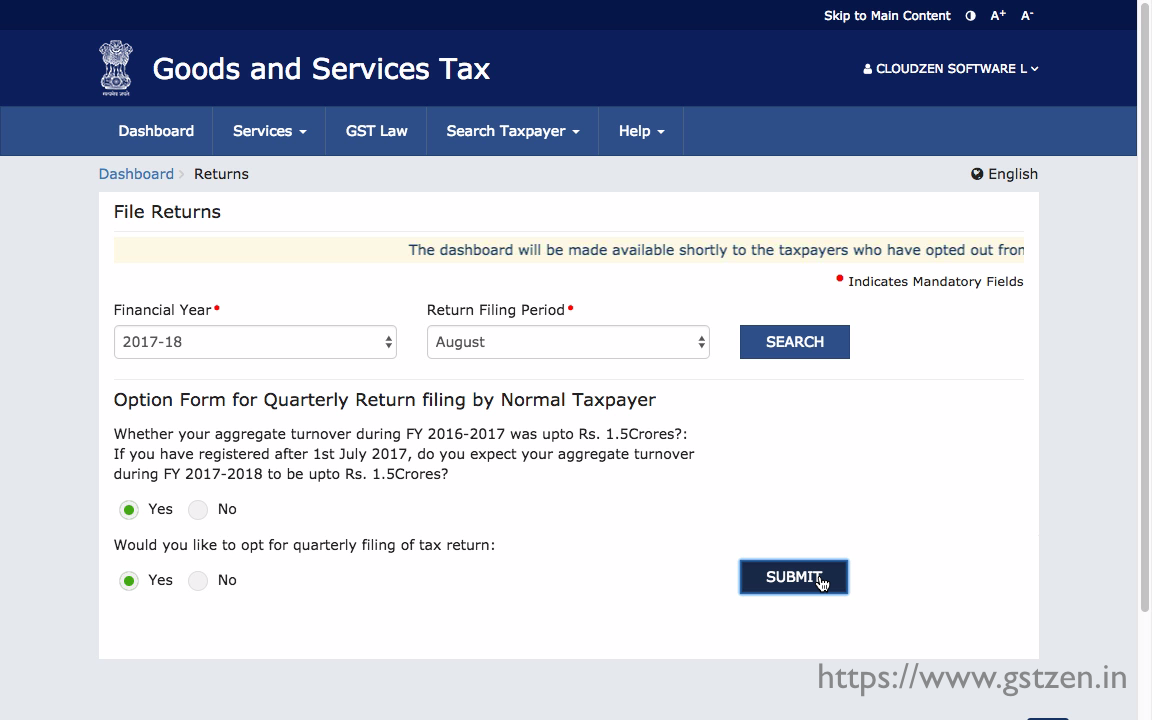 Choose return period (Monthly or Quarterly) in Governemnt GST Portal