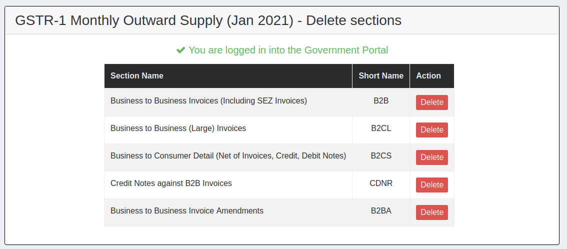 Delete GSTR-1 sections