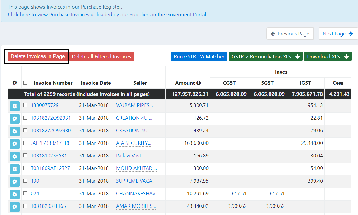 Delete Invoices in  Page