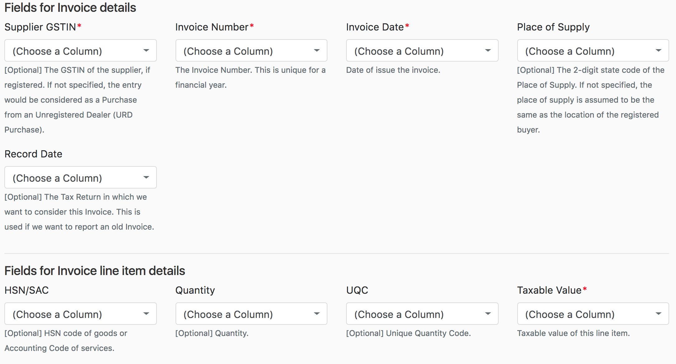 Invoice Column Mapping Page