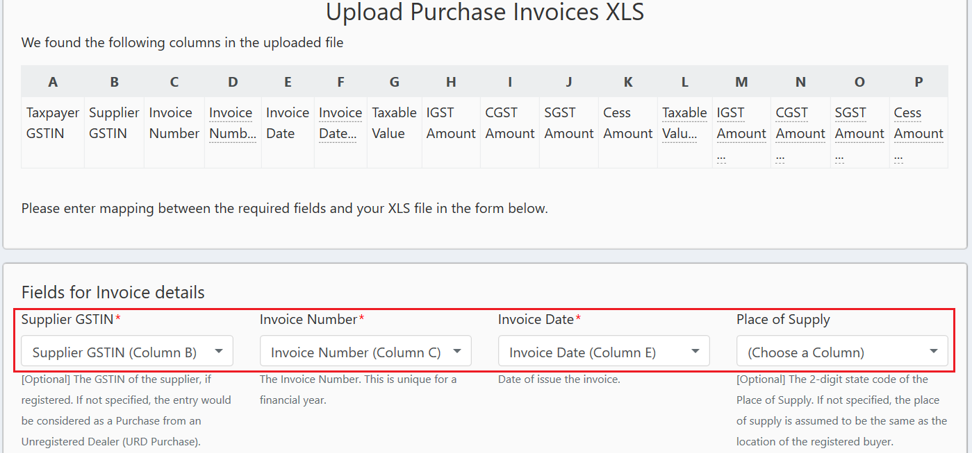 Invoice Excel Column Mapping