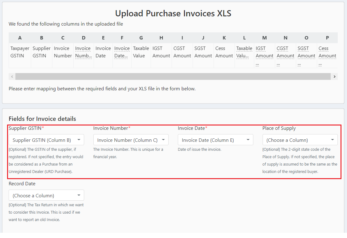 Invoice column mapping