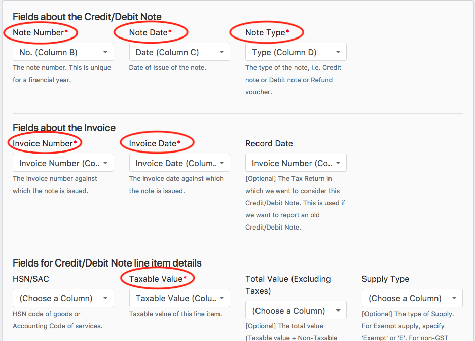 Credit/Debit Note Column Mapping Invoice fields