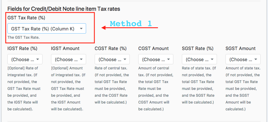 Credit/Debit Note Column Mapping Method 1