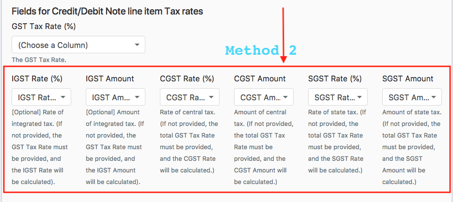 Credit/Debit Note Column Mapping Method 2