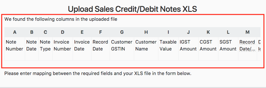 Credit/Debit Note Column Mapping columns