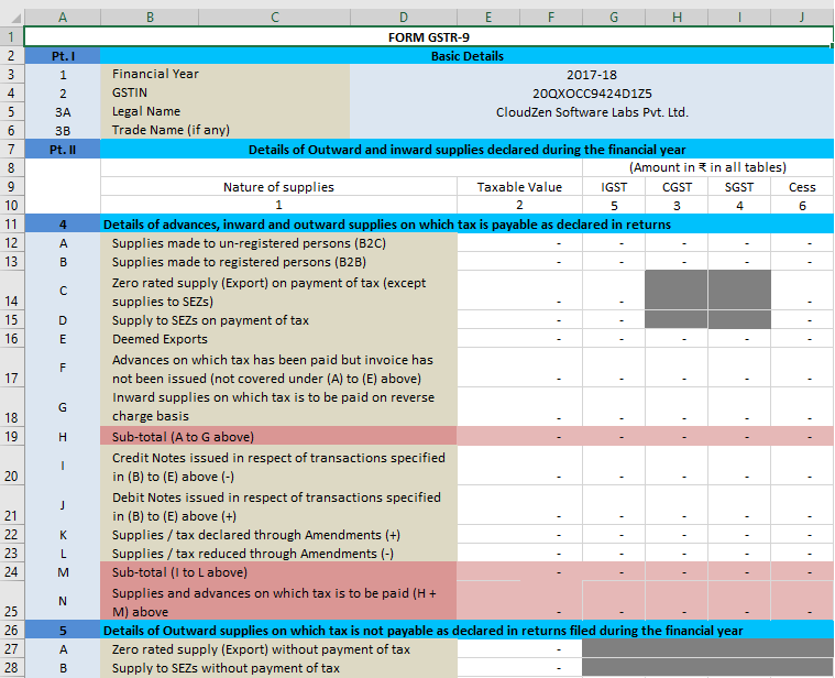 GSTR-9 Annual Return Sheet Image