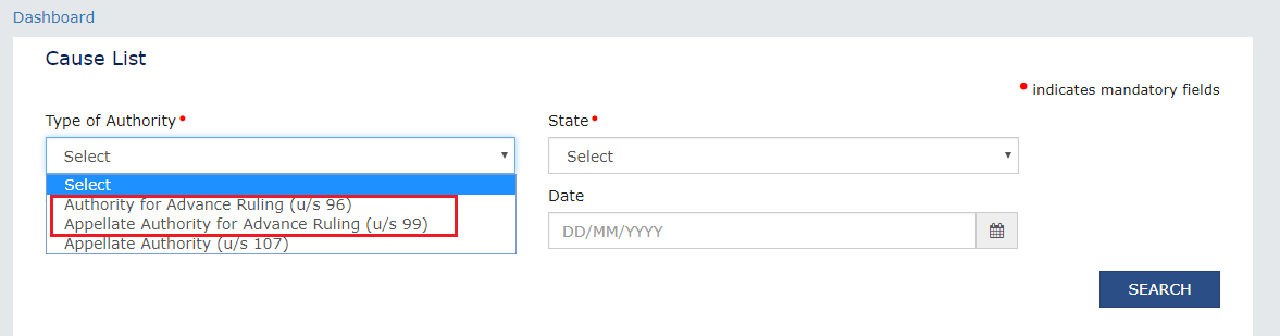 Type of Authority drop-down list