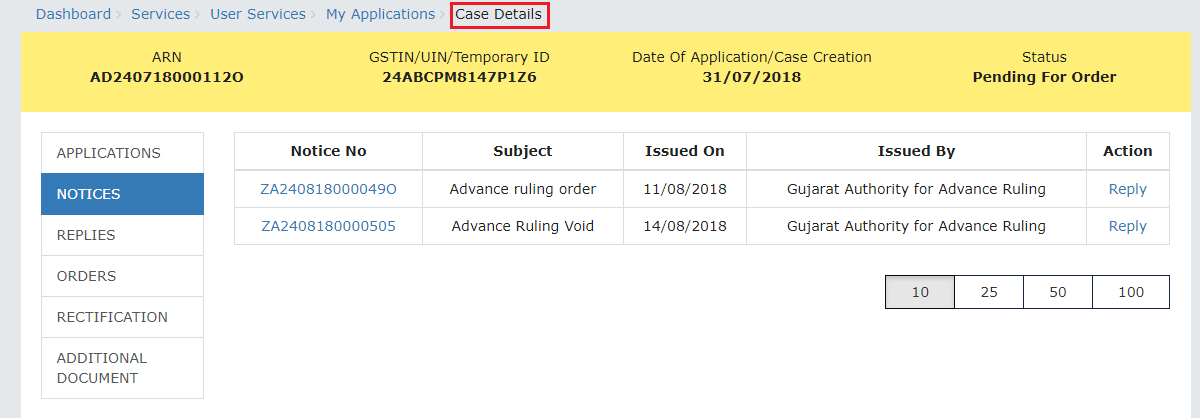 View Issued Notices - Case Details