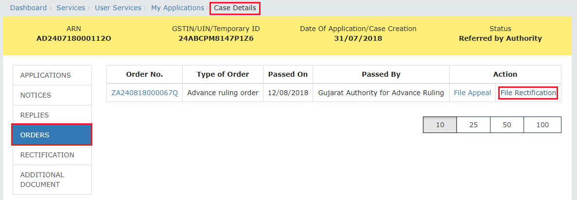 Case Details - ORDERS - File Rectification