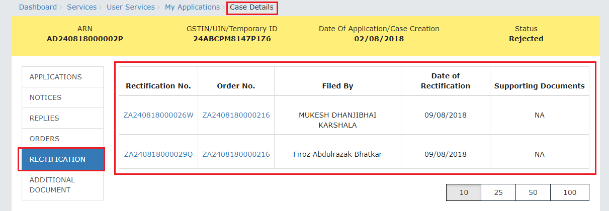 Case Details - Rectifications