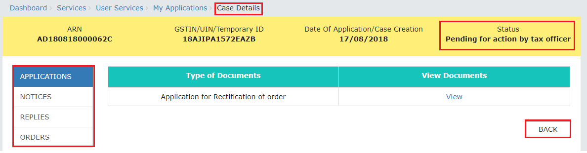 Case Details page and Click Back