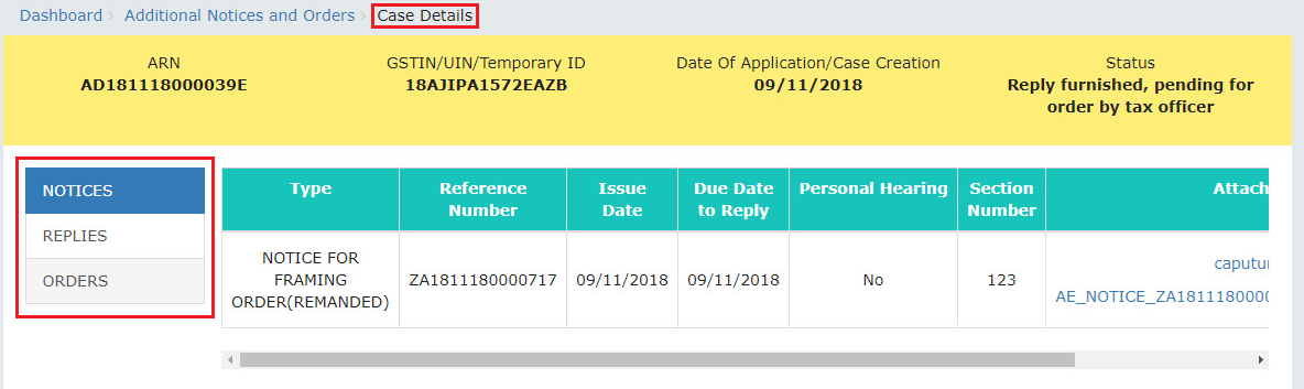 Table containing details of the tab is displayed