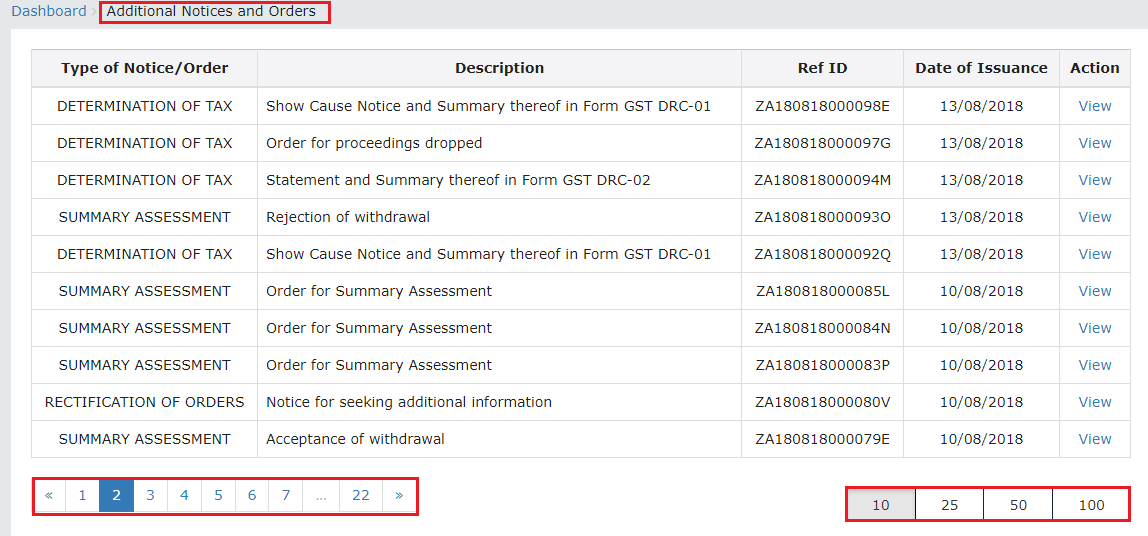 View Additional Notices/Orders Page