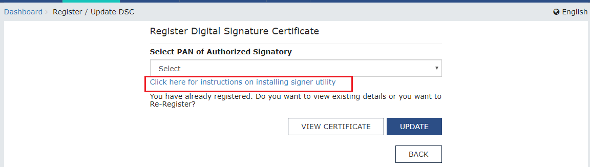 Register Digital Signature Certificate page