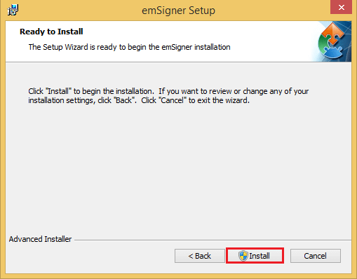 emSigner Setup page and Click the Install