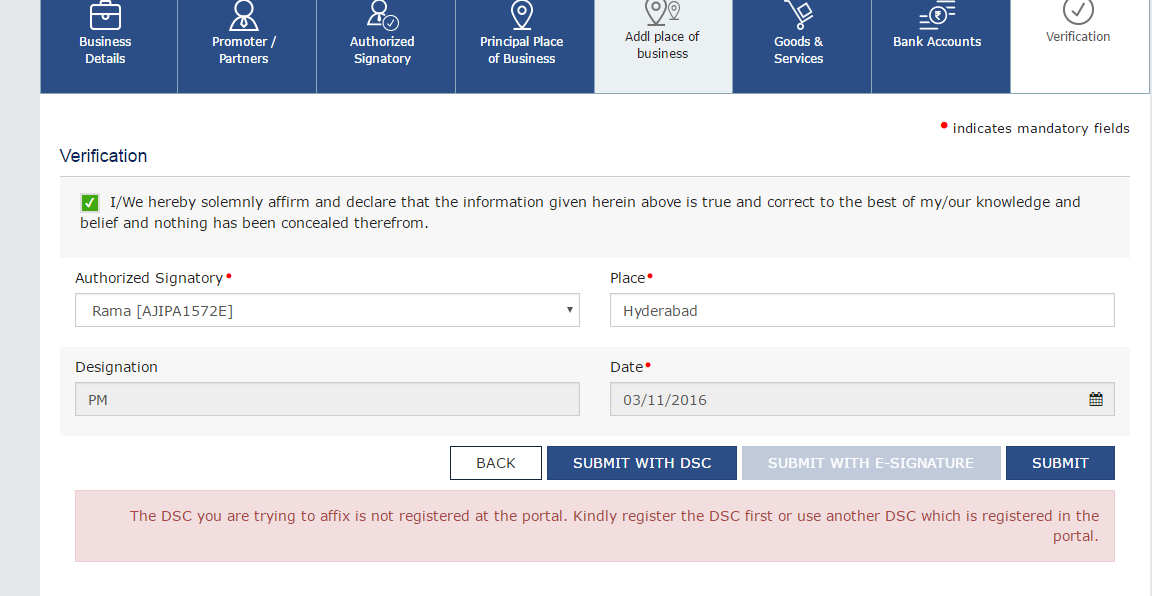 Error - The DSC you are trying to affix is not registered at the portal