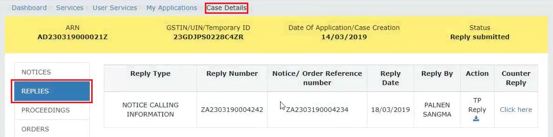 Case Details and click the REPLIES