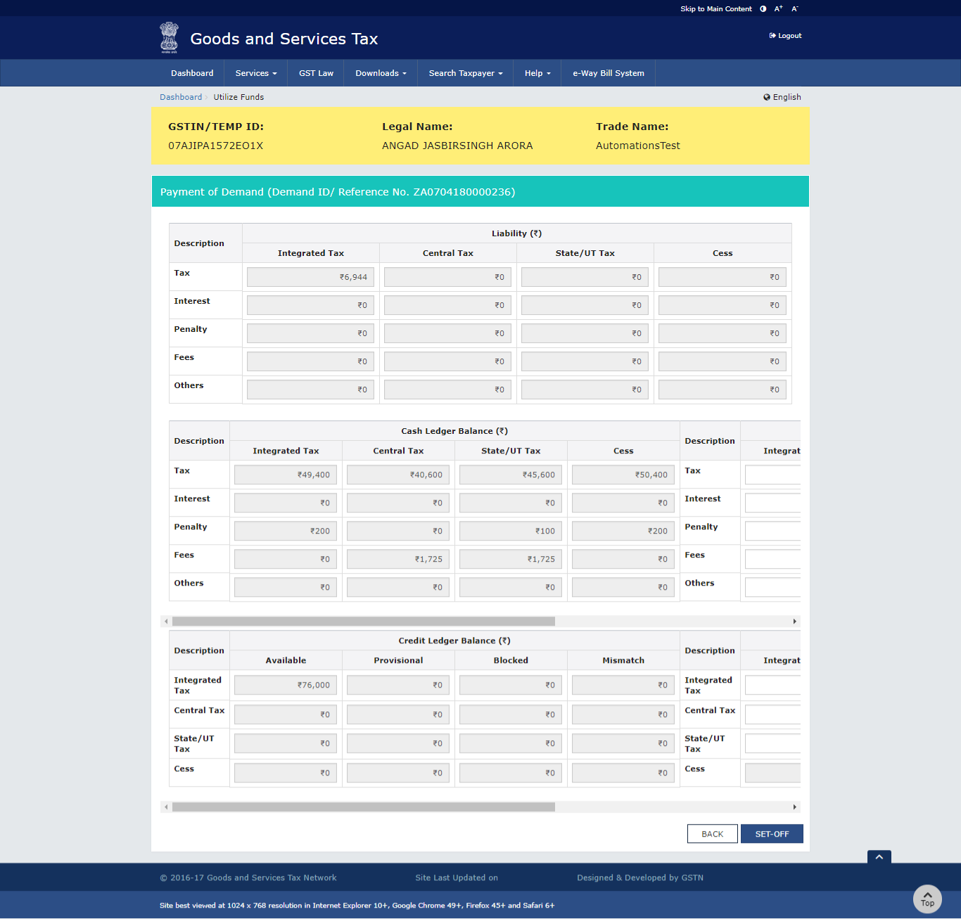 Liability, Cash Ledger Balance and Credit Ledger Balance