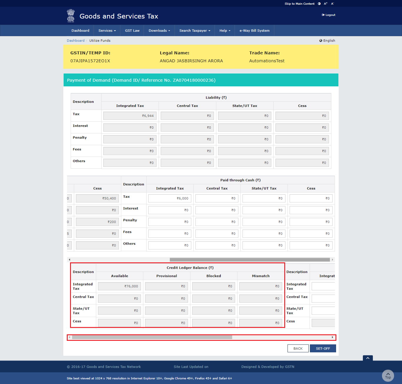 ITC available as on date