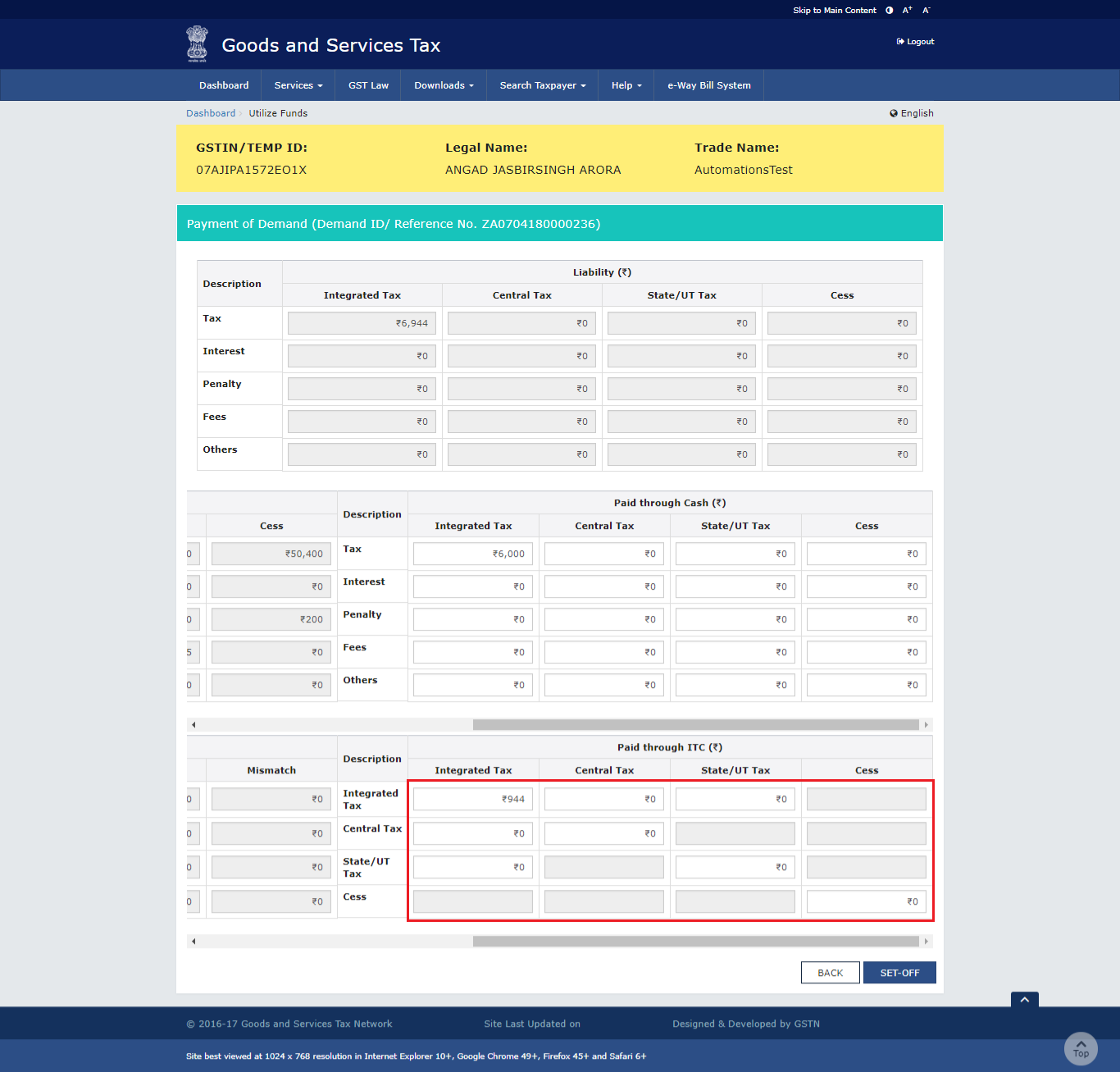 Paid through ITC