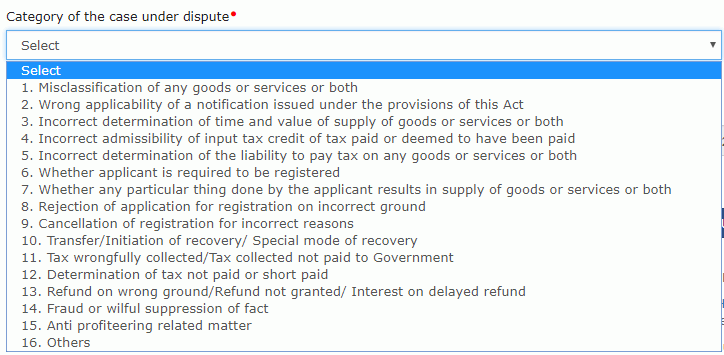 Select the Category of the case under dispute