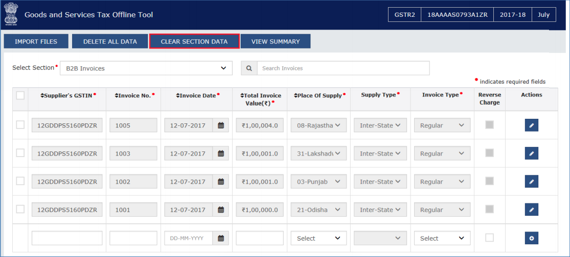 Click Clear section data