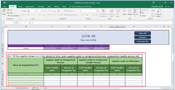 Table in the GSTR-3B worksheet
