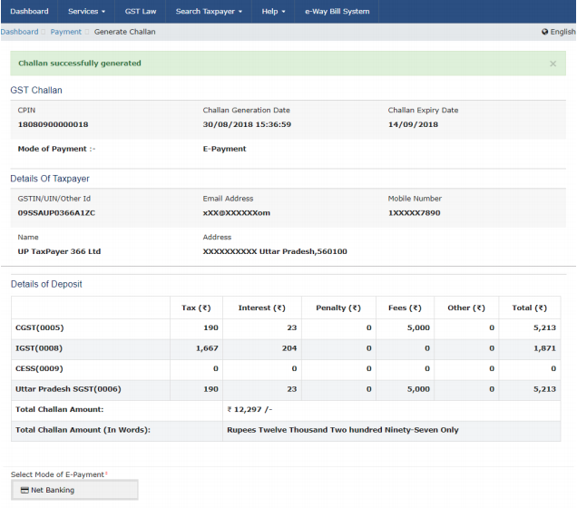 E-payment,over the counter or NEFT/RTGS