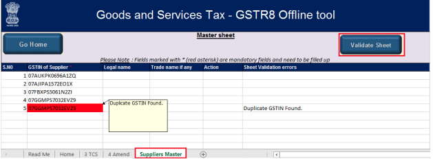 Click on Validate sheet