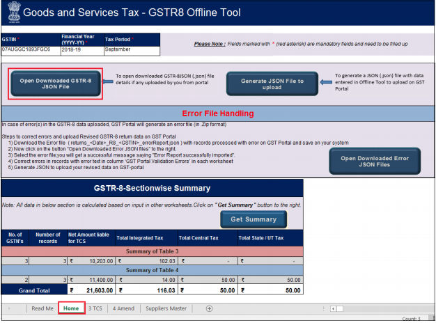 Click open downloaded GSTR-8 JSON file