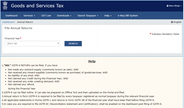 Form GSTR-9 tile page