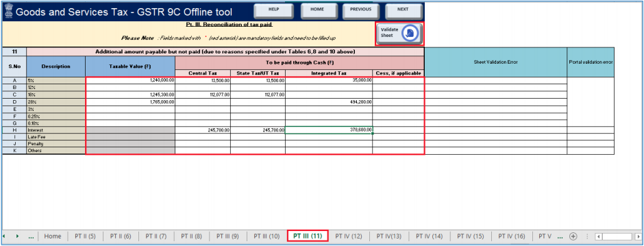 Click validate sheet