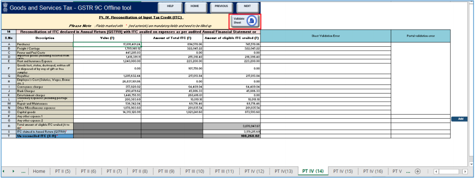 Click validate sheet