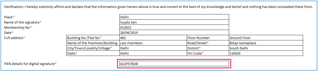 PAN details for digital signature