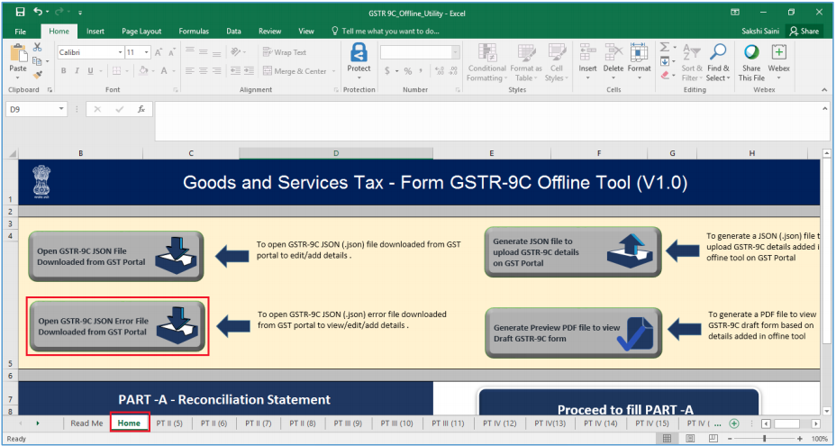 Click Open GSTR-9C JSON Error File Downloaded from GST Portal