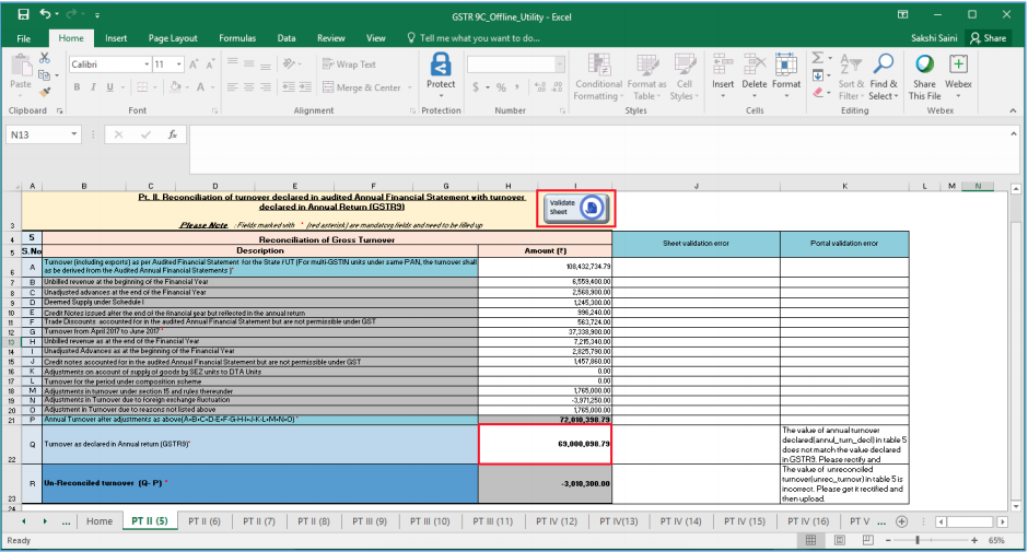 Click validate sheet