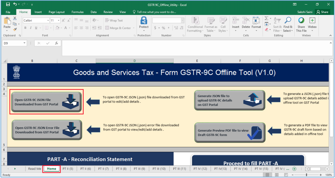 Click Open GSTR-9C JSON file downloaded from GST Portal