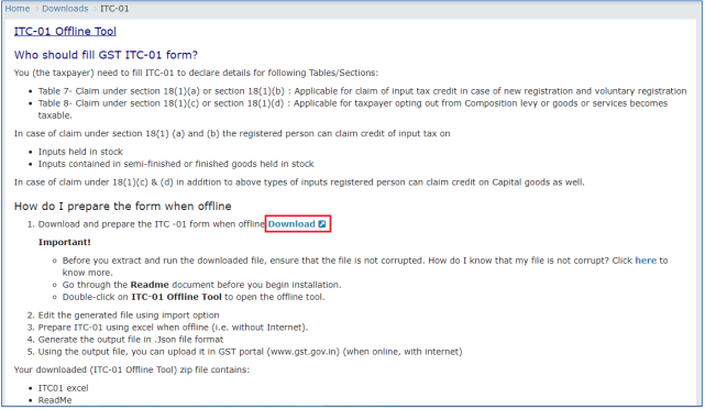 ITC 01 Offline Tool Downloads page