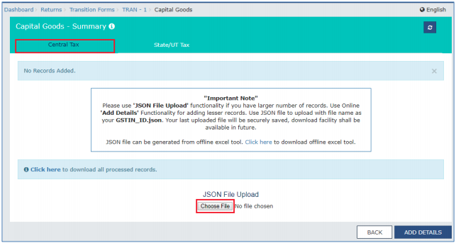 Click Central Tax and click Choose File