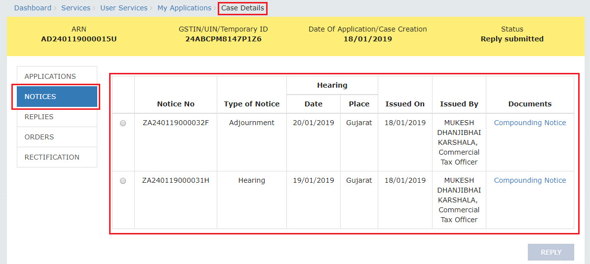 Case Details page