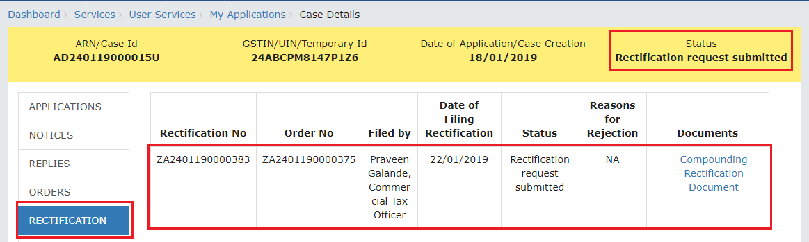 Click Details of Rectification