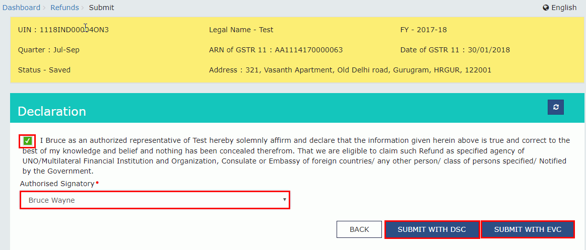 Click Submit with DSC/EVC