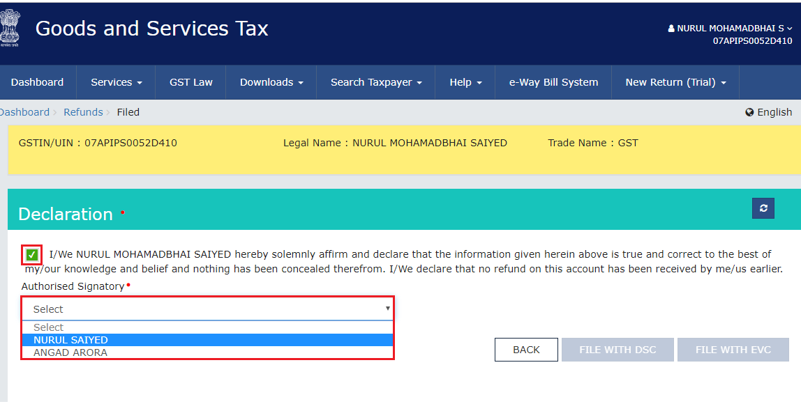 Track Refund Status > PostLogin GSTZen