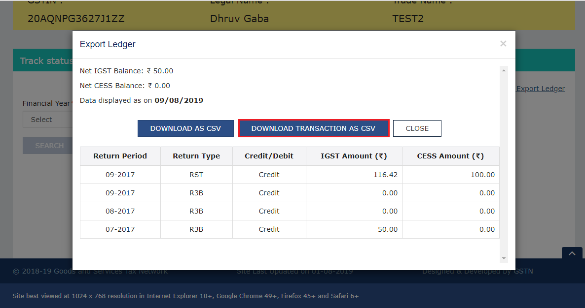 Click Download Transaction as CSV