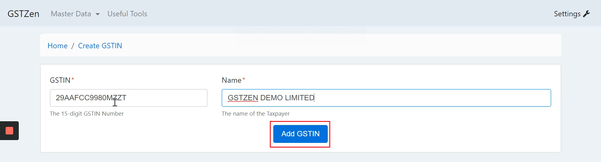 Database connector-Enter GSTIN details