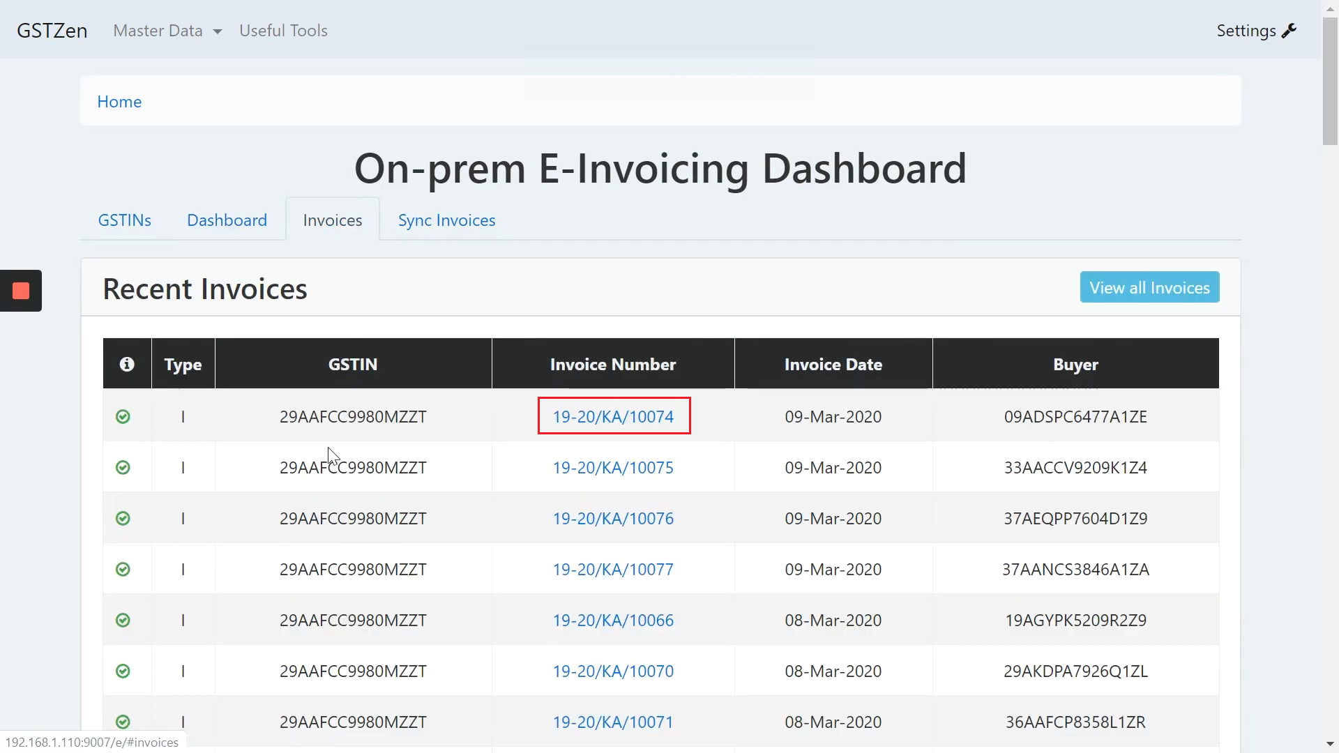 Database connector-View E-Invoice