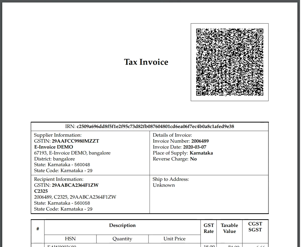 View Sample SAP e-Invoice in GSTZen