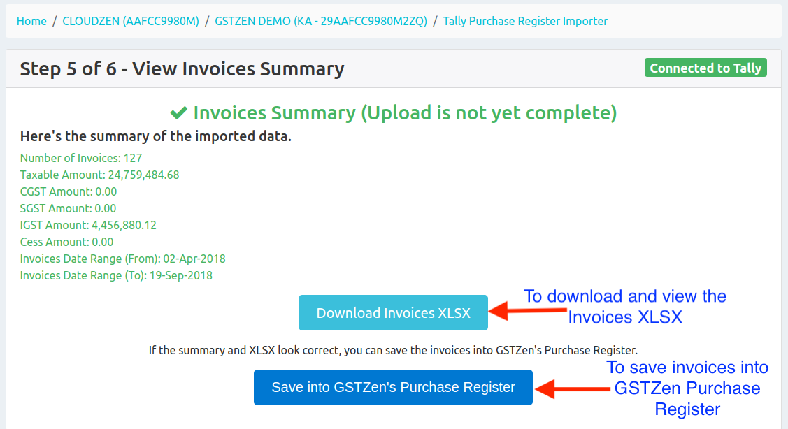 View summary of Invoices downloaded from Tally